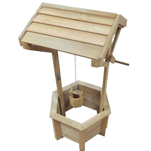 Vivo Technologies Wooden Wishing Well Planter for Garden, Wishing Well Garden Feature Outdoor Flower Pot Backyard Garden Decor, Natural