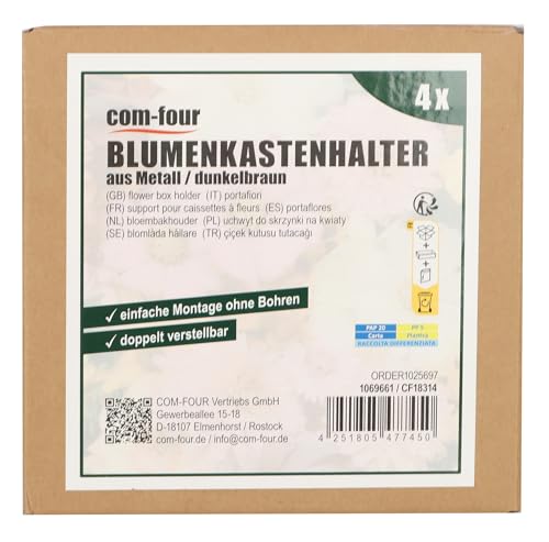 com-four® 4x flower box holders for balcony parapets and railings - flexible metal attachment for plant boxes - 2-way adjustable - no drilling (brown)