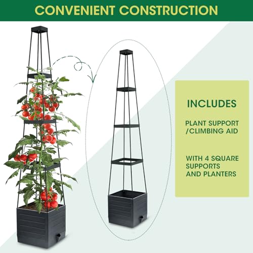 MYMULIKE Raised Garden Bed Planter Box with Trellis, Tomato Cage Planter, Raised Garden Bed with Trellis for Climbing Vegetables Plants Tomato Cage, Self-Watering, Indoor Outdoor Use (2pcs black)