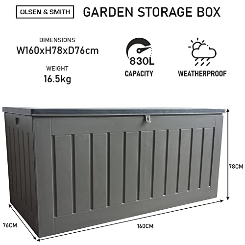 Olsen & Smith 830L Extra Large XL Outdoor Garden Storage Box - Weather Resistant Heavy Duty Garden Box Wood Effect with Padlock - Massive Capacity Storage Chest for Tools Cushions Toys & More, Grey