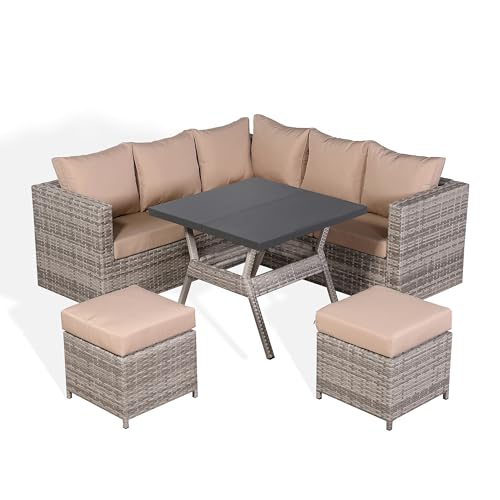 Club Rattan Garden Corner Sofa Sets with Dining Table and 2 Stools in Light Grey Rattan, 7 Seater Rattan sofa garden furniture