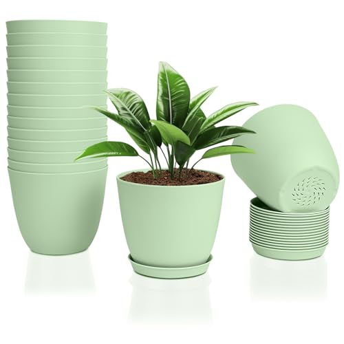 FORAGIFT 16 Pack 15cm Plastic Plant Pots for Indoor Flower Pots, Heavy Duty and Stylish Plant Pots for Indoor Plants with Drainage Holes and Tray for Plants, Flowers, Green