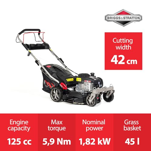 NAX POWER PRODUCTS 1000S self-propelled lawn mower with Briggs & Stratton combustion engine of 125 cm3 capacity, 450E series, mowing width 42 cm 45-litre basket deck cleaning system