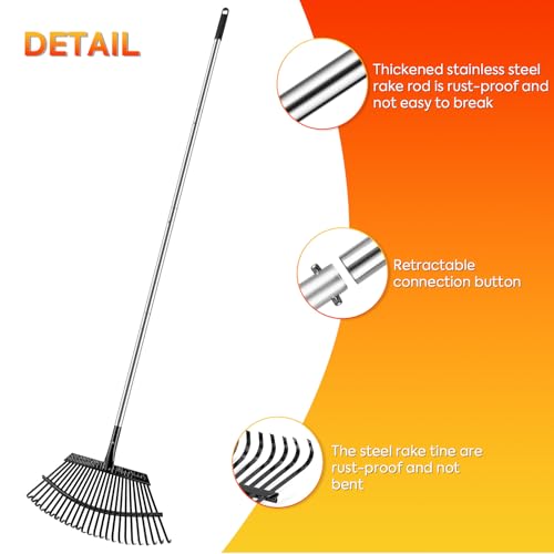 Yangbaga 63” Garden Leaf Rake， 38”-63”Adjustable Garden Rake,25 tines, Metal Rake for Quick Clean Up of Lawn and Yard …