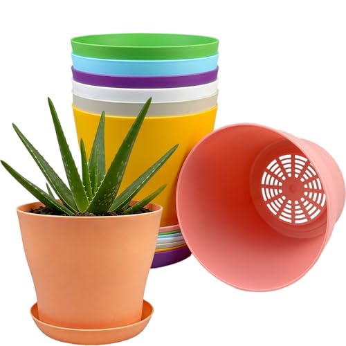 TEYIAN 14cm Plastic Plant Pots with Trays – 8 Pack
