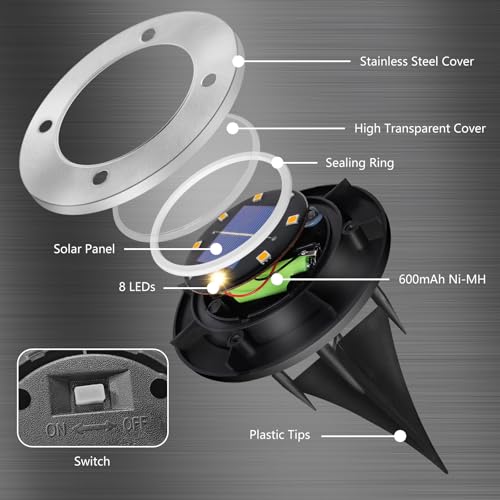 SCNNC Solar Lights Outdoor Garden, 8 LEDs Solar Ground Lights Warm White IP65 Waterproof Decking Light, Solar Powered Pathway Lights Garden Solar Disk Lights for Lawn Yard Patio Landscape, 8 Pack