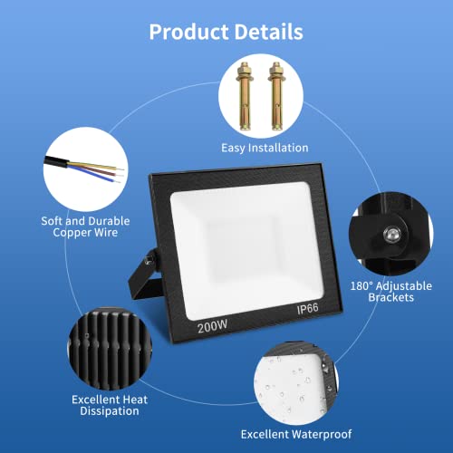 Viugreum 200W Led Floodlight Outdoor 16000LM Safety Light IP65 Waterproof Garden Flood Lights Unique Shell Work Lighting Cold White Wall Light with 75cm Cable Outside for Yard Garden Backyard