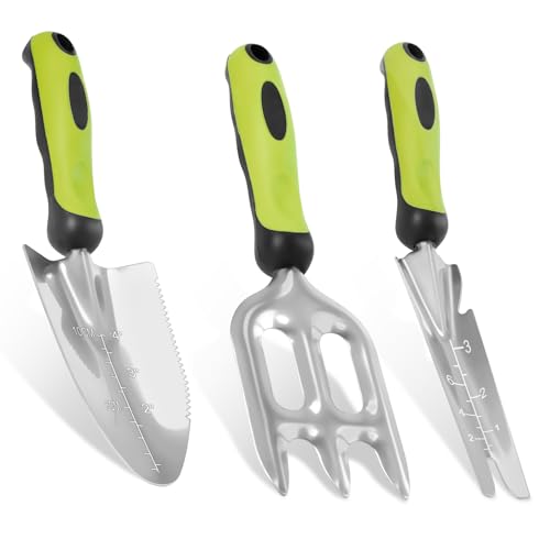 DEWINNER Garden Tools Set, 3pcs Stainless Steel Gardening Tools Kits with Beautiful Box, Planting Tools with Ergonomic Handle, Weeder Tool, Garden Hand Fork, Trowel for Planting