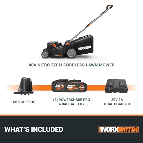 Worx WG737E 40V 37cm Cordless Lawnmower – Ideal for Medium to Large Gardens (300-550㎡) – Includes 2x 4.0Ah Batteries & Charger – IntelliCut™ Tech, Mulching & Bagging, Adjustable Height, PowerShare