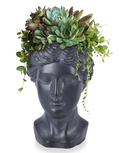 IDEALIST (Dia 20cm Antique Face Flower Pot | Black Reinforced Stone Goddess Head Planter for Home and Garden L27 W24 H39 cm, 9.5 litres