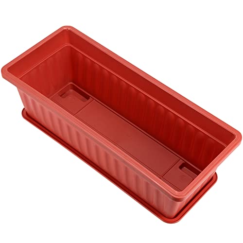 PINGEUI 6 Pack 43cm Plastic Window Box Planter, Rectangular Windowsill Countryside Flower Box Planter, Vegetable Growing Containers with Trays and 30 PCS Plant Labels, Terracotta Color