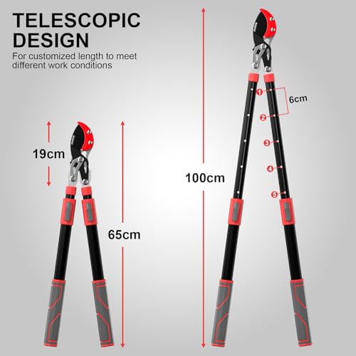 JiveSnip Telescopic Loppers, Heavy-Duty Branch Cutter with Gear Labor-Saving Structure, SK5 Blades with Teflon Coating, Aluminum Alloy Handles