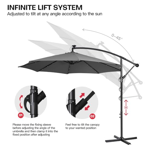 Panana 3M Garden Cantilever Parasol with 24 Solar Powered LED Lights Outdoor Banana Hanging Umbrella with Crank Mechanism Sun Shade Canopy for Poolside, Deck, Patio and Balcony Dark Grey