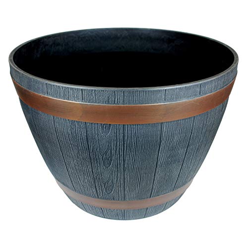 Rustic Style Dark Grey Plastic Half Barrel Cask Planters 51cm Diameter - Set of 2 - Indoor & Outdoor Flower/Plant Pot.