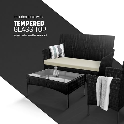 KEPLIN 4-Piece Rattan Garden Furniture Set Outdoor Lounger Sofa, Stackable Chairs & Bistro Table - UV-Resistant, Easy Storage - Patio Dining (Black)