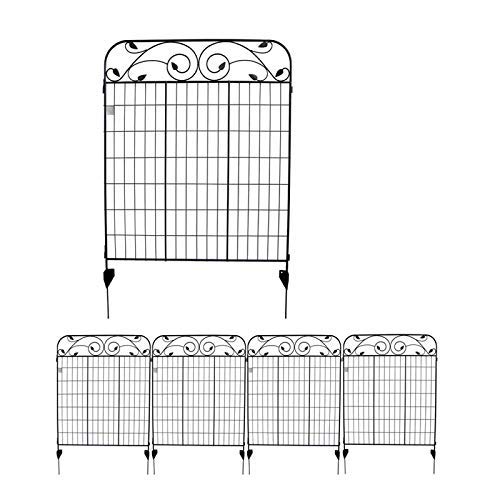 MTB Black Coated Metal Side Outdoor Patio Gate Steel Decorative Garden Fence Panel 112cm Hx 91cm W (4 Pack, Linear Length 12 feet) 8 Leaves, Metal Border Folding Fence