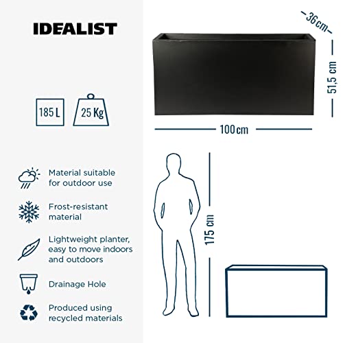 IDEALIST 100cm Large Trough | Black Reinforced Stone Rectangle Plant Pot | Garden Planters with Drainage Holes L100 W36 H51.5 cm, 137 litres