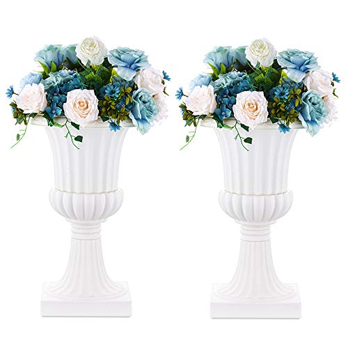 2 Pcs Classic Urn Planter, 50cm Height Plastic Indoor or Outdoor Decorative Urn, Tall Pedestal Plastic Planter, Vintage Style Flower Pot, Home Garden Front Porch Door Deck Balcony Decoration, White