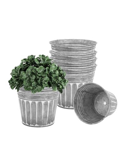 vensovo 5 Inch Galvanized Planters for Outdoor Plants - 6Pcs Silver Metal Rustic Flower Plant Pots with Drain Hole and Rubber Stopper, Rustproof Metal Bucket Planters Vintage Style for Indoor Decor