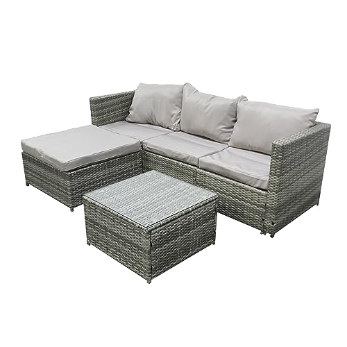 COZYBRITE Garden Corner Sofa Rattan Furniture Set 4 Seater Patio Outdoor Lounge Settee with Glass Coffee Table & Cover All-weather SFS066 (Mix Grey Rattan-Grey Cushion)