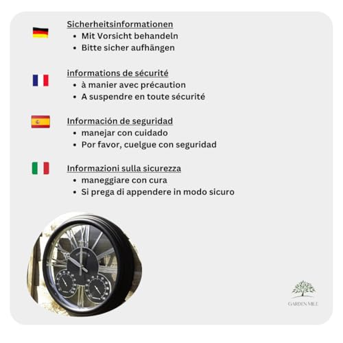 Homezone Large Black garden clock with thermometer and barometer - Battery Power Operated Quartz Waterproof Weatherproof Garden Clock - Black Indoor or Outdoor Weather Station for Garden Patio