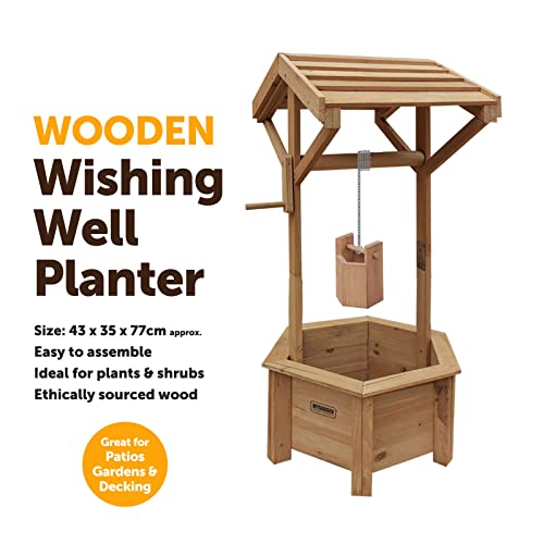 Vivo Technologies Wooden Wishing Well Planter for Garden, Wishing Well Garden Feature Outdoor Flower Pot Backyard Garden Decor, Natural