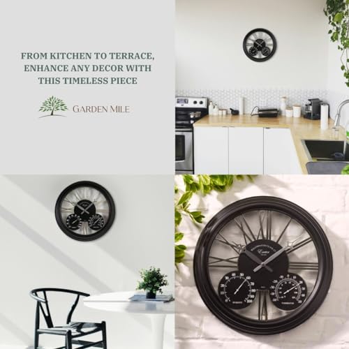 Homezone Large Black garden clock with thermometer and barometer - Battery Power Operated Quartz Waterproof Weatherproof Garden Clock - Black Indoor or Outdoor Weather Station for Garden Patio
