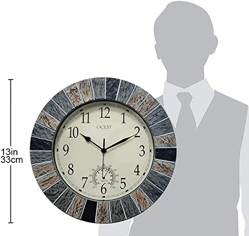 OCEST 13 Inch Garden Clocks Outdoor Waterproof, Large Retro Wall Clock with Thermometer Battery Operated Non Ticking Decorative for Patio Pool Kitchen