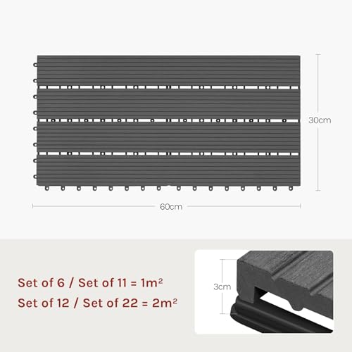 WOLTU 6 x WPC Composite Decking Boards 30 x 60 cm (1 m²) Interlocking Wood Effect Terrace Tiles Flooring with Click System, Grey, GTF005gr