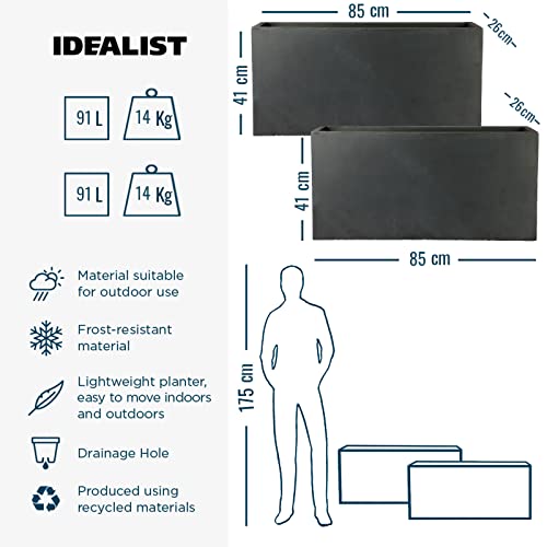 IDEALIST Set of 2 85cm Large Trough | Dark Grey Reinforced Stone Rectangle Plant Pot | Garden Planters with Drainage Holes L85 W26 H41 cm, 60 litres