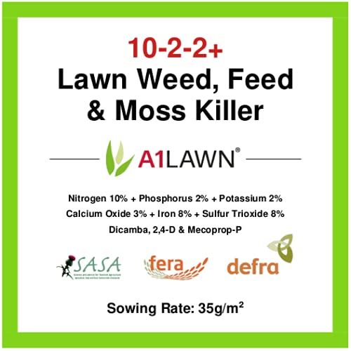 A1 Lawn Double Strength Grass Feed, Weed & Moss Killer 10kg (280m2) – [10-2-2] Nitrogen Rich with Phosphorous, Potassium & Iron - UK Professional Grade to Care For Your Lawn