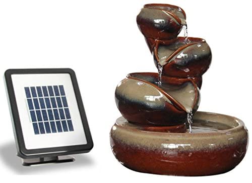 Primrose 25cm Solar Powered Brown Ceramic Oil Jar Three Tier Cascade Patio Garden Water Feature