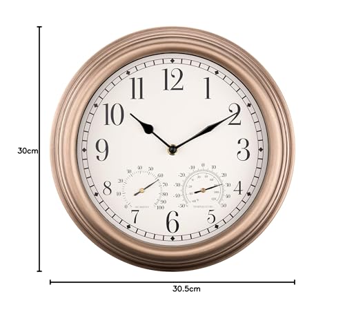 Navaris Waterproof Outdoor Clock - 30.5cm Large Outdoor Clock and Thermometer for Garden - Battery Operated Wall Clock with Temperature and Humidity