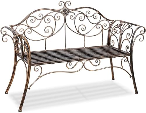HLC Metal Antique Garden Benches Clearance Outdoor wrought iron Bench 2 Seat with Decorative Cast Iron Backrest Iron Cast Aluminium Bench for Garden,Patio, Porch and Yard Max 250kg (Brown)
