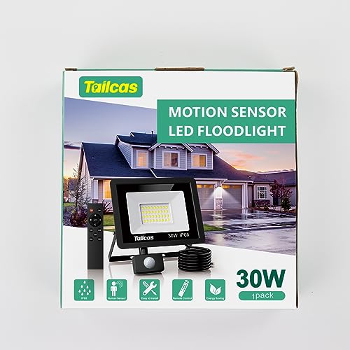Tailcas Security Lights Outdoor Motion Sensor, 30W PIR Security Light with Remote Control, IP66 Waterproof Lights, 2700LM LED Floodlights Mains Powered for Garden,Yard, Garage