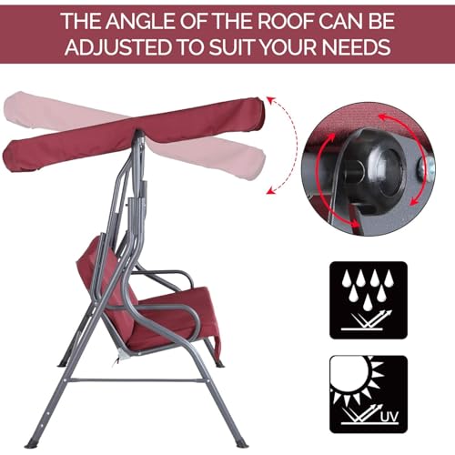CASARIA® Hollywood Canopy Swing Chair | 2 Seater | Weatherproof Rocking Bench with Roof and Backrest | Non-Slip Feet | Outdoor Garden Patio Seat | Up to 200kg | Ruby Red