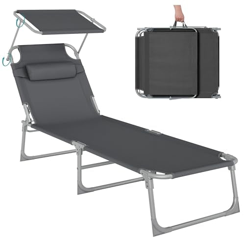 SONGMICS Folding Sun Lounger with Sunshade – Dark Grey