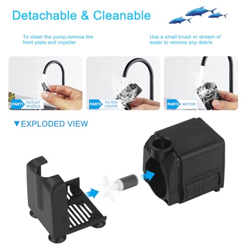 Discoball Mini Submersible Water Pump 600L/H 8W Adjustable Ultra Quiet Small Water Pump Fish Tank Water Pump with 2m/6.5ft Power Cord for Pet Fountain Aquarium Fish Tank Pond, Hydroponics Statuary