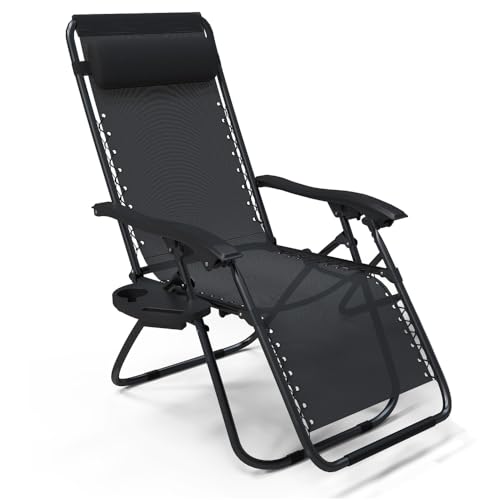 VOUNOT® Zero Gravity Chair, Deck Folding Recliner Sun Loungers Outdoor Chair with Cup and Phone Holder, Black