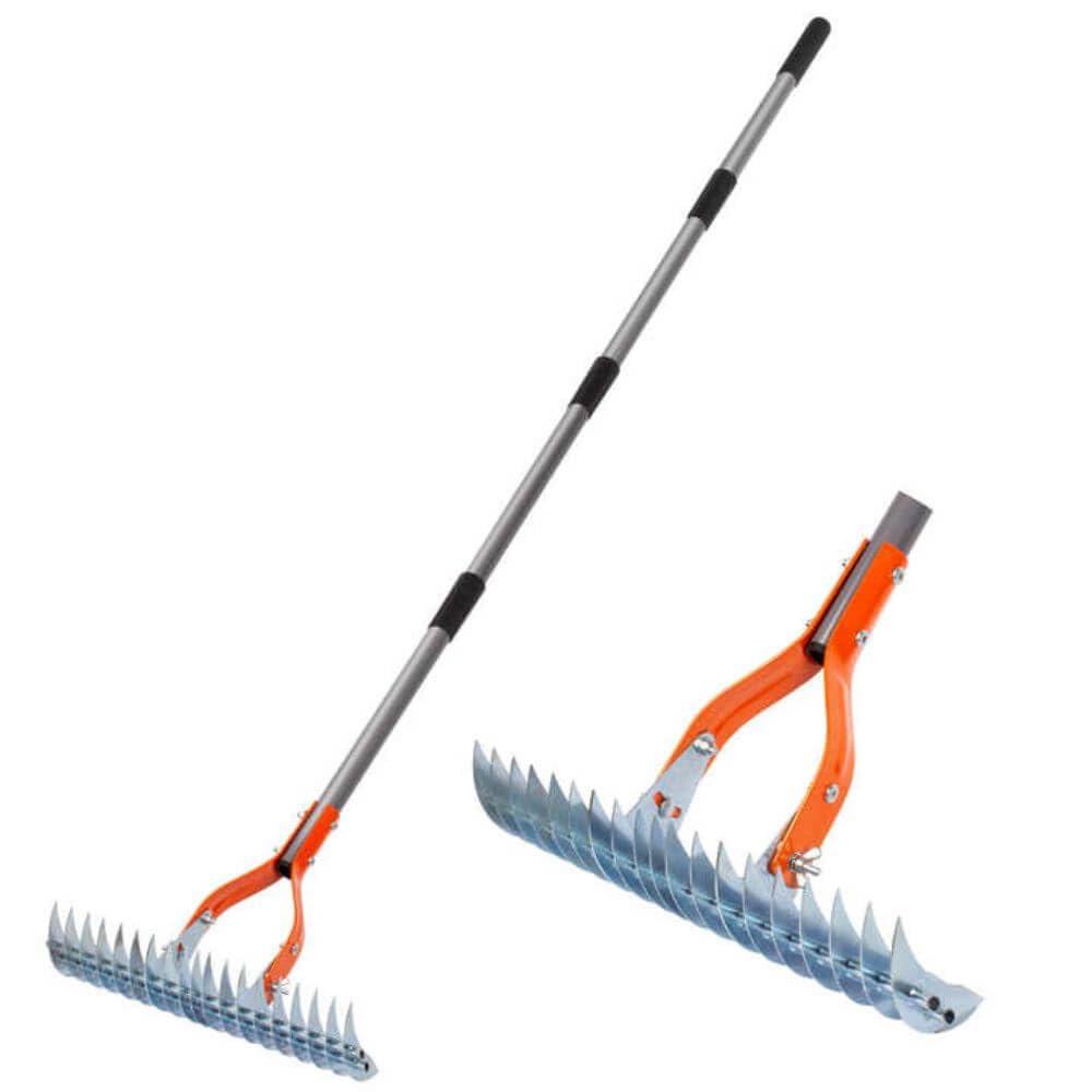 Lawn Thatch Rake with 19 Steel Tines, Manual Grass Scarifier with Adjustable Handle, Anti-Slip Grip, Stainless Steel