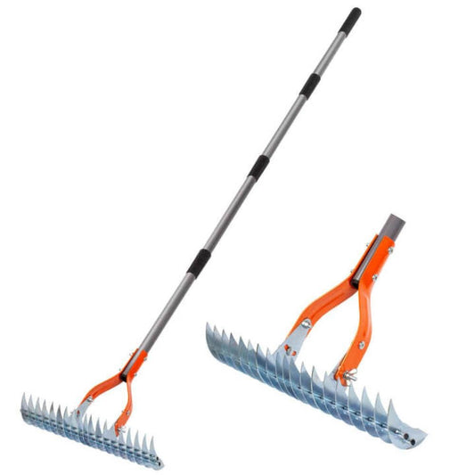 Lawn Thatch Rake with 19 Steel Tines, Manual Grass Scarifier with Adjustable Handle, Anti-Slip Grip, Stainless Steel