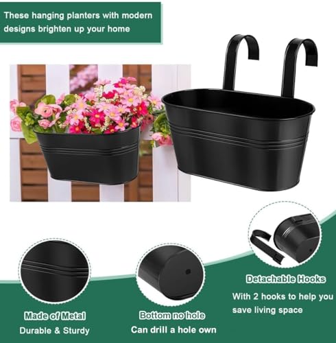LATERN 4Pcs Metal Hanging Flower Pots, 27.5cm Large Plant Pots Hanging Flower Bucket with Detachable Hook for Balcony Fence Garden Home Decor (Black)