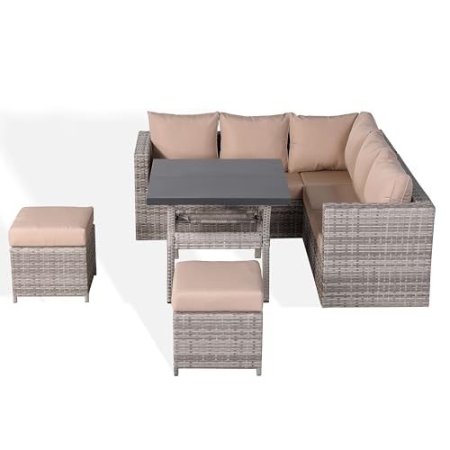 Club Rattan Garden Corner Sofa Sets with Dining Table and 2 Stools in Light Grey Rattan, 7 Seater Rattan sofa garden furniture