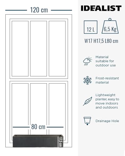 IDEALIST 80cm Long Black Window Box | Reinforced Stone Windowsill Planter | Garden Planters with Drainage Holes L80 W17 H17.5 cm, 12 litres