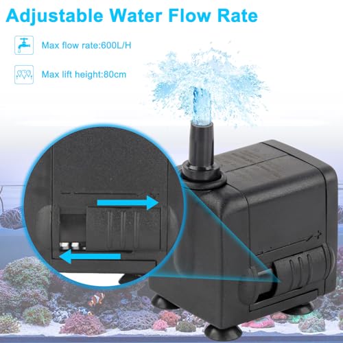 Discoball Mini Submersible Water Pump 600L/H 8W Adjustable Ultra Quiet Small Water Pump Fish Tank Water Pump with 2m/6.5ft Power Cord for Pet Fountain Aquarium Fish Tank Pond, Hydroponics Statuary