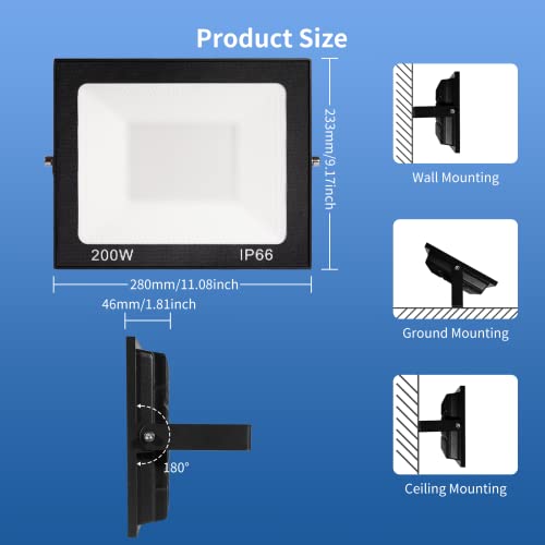 Viugreum 200W Led Floodlight Outdoor 16000LM Safety Light IP65 Waterproof Garden Flood Lights Unique Shell Work Lighting Cold White Wall Light with 75cm Cable Outside for Yard Garden Backyard