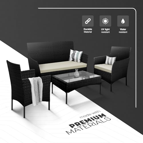 KEPLIN 4-Piece Rattan Garden Furniture Set Outdoor Lounger Sofa, Stackable Chairs & Bistro Table - UV-Resistant, Easy Storage - Patio Dining (Black)