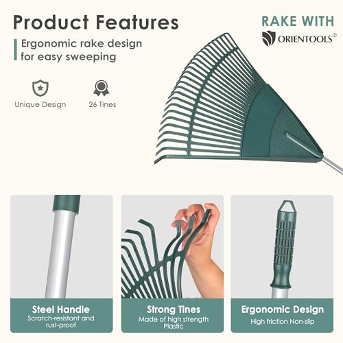 ORIENTOOLS Garden Leaf Rake, Adjustable Lightweight Steel Handle, Comfortable Grip Handle, Plastic Head，Poly Shrub Rake,26 Tines,110 to 168cm (Silver Handle)