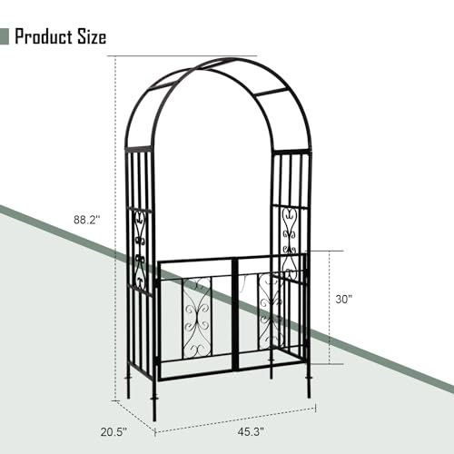 CyyKcc Black Garden Arbour Arch with Gate, Heavy Duty Metal Plant Climbing Arch Frame for Wedding, Party, Garden Pergola Arbor Trellis with Doors for Indoor, Outdoor