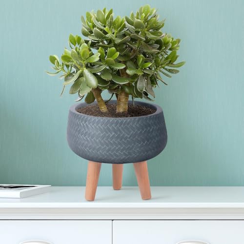 IDEALIST 11 Inch Plaited Sage Green Reinforced Stone Bowl Planter | Large Bonsai Pot on Legs | Indoor Plant Pot D28 H26 cm, 10 litres